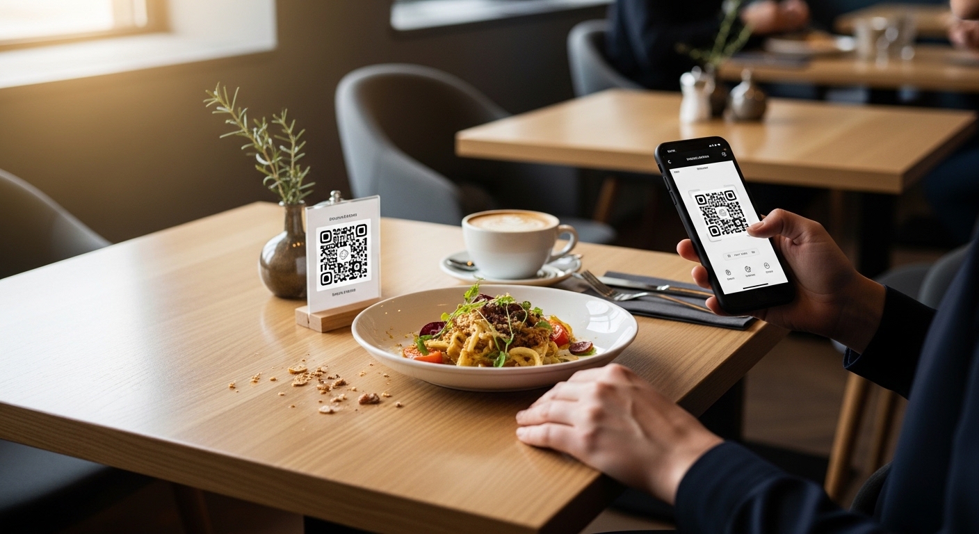 Customer scanning QR code to access digital restaurant menu in cafe